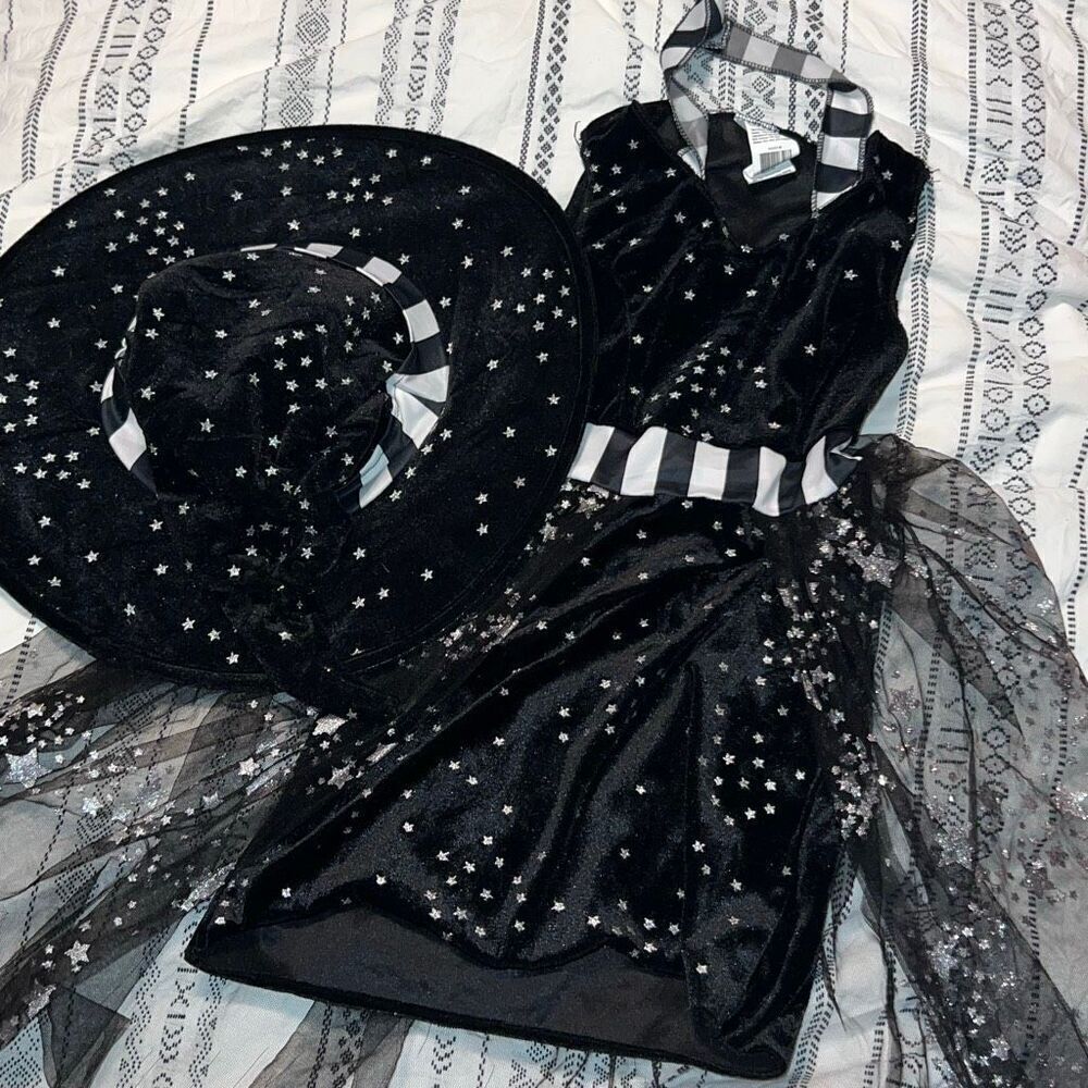 Girls Black & Silver Star Witch Costume Set – Size Medium – Dress, Hat & Tights